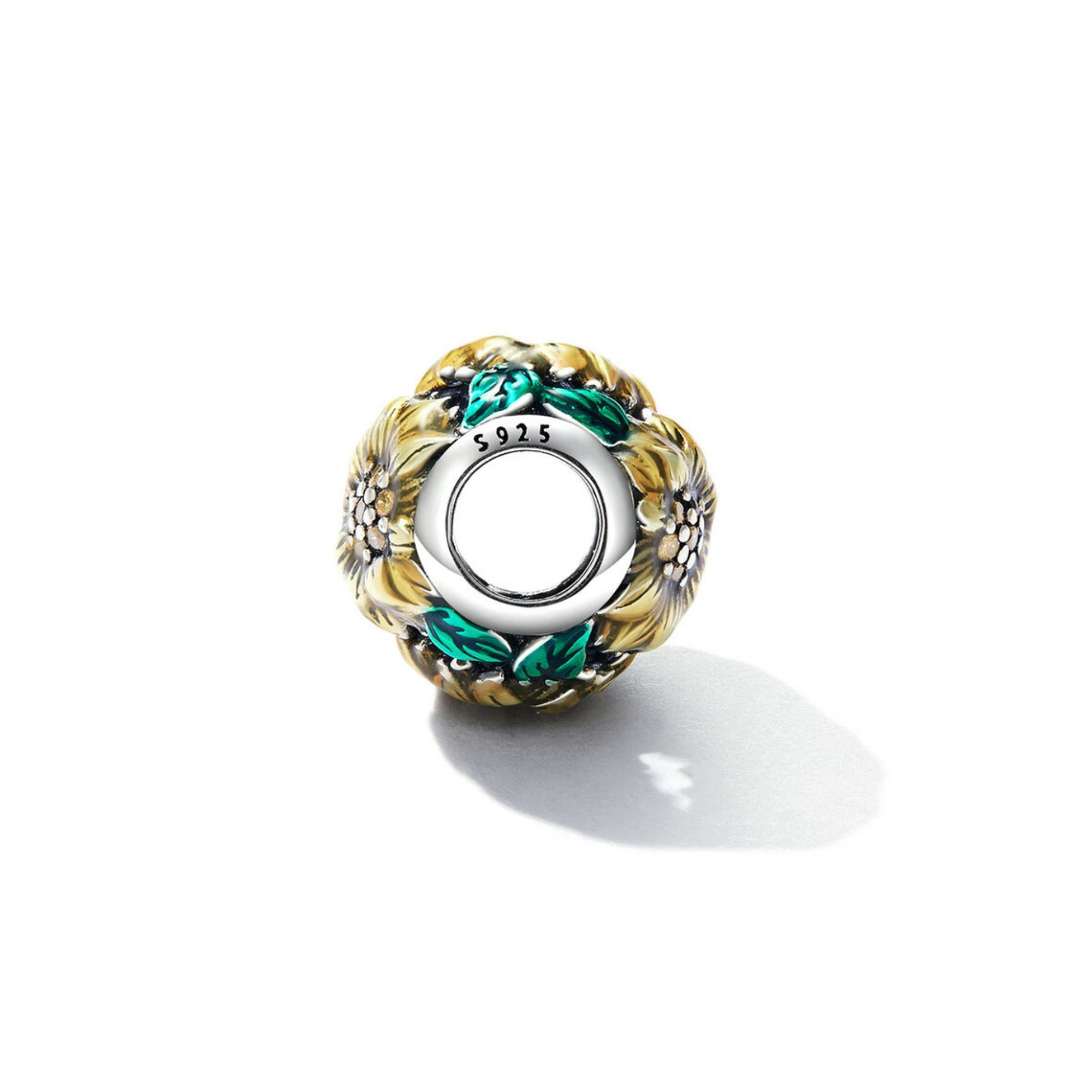 Sunflower Bead Charm - Sterling Silver & Enamel - Pandora Fitting Sunflower Charm - Charm For Pandora 